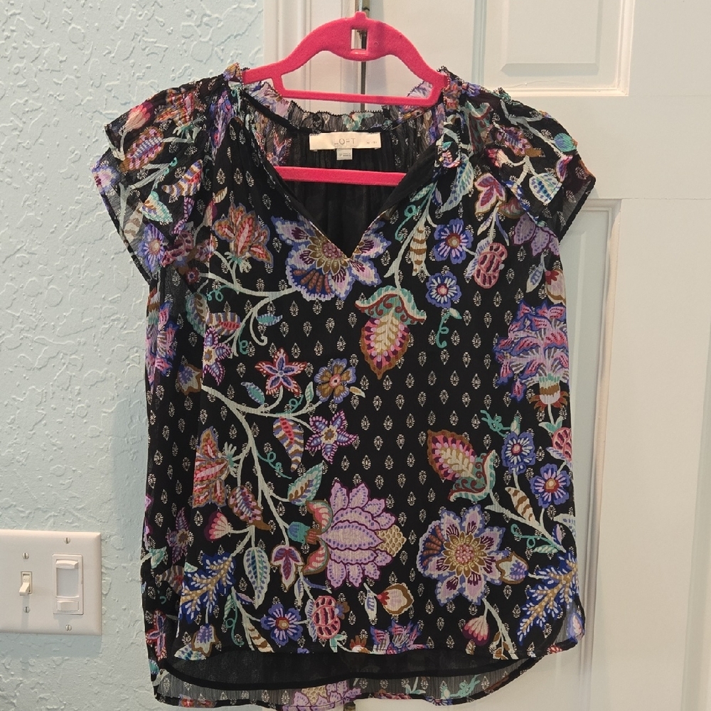 LOFT Black Multicolor Floral Blouse